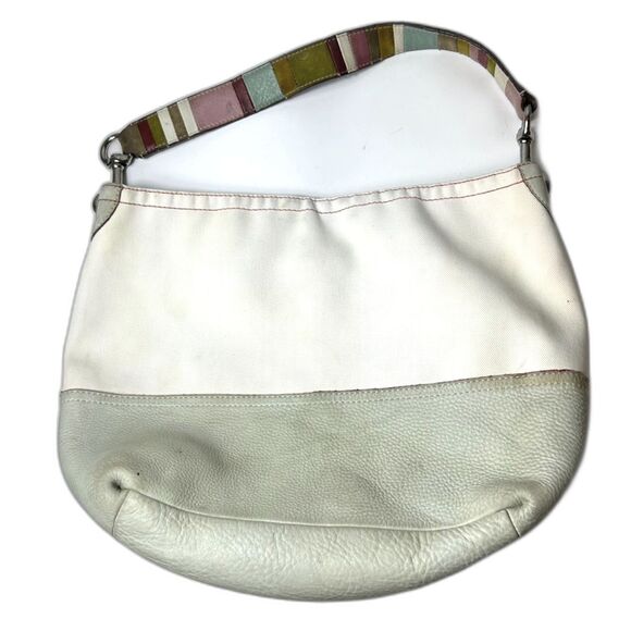 Coach #7459 Rare Ltd Ed Ivory Canvas Sage Leather Striped Strap Large Hobo Bag - Picture 1 of 15